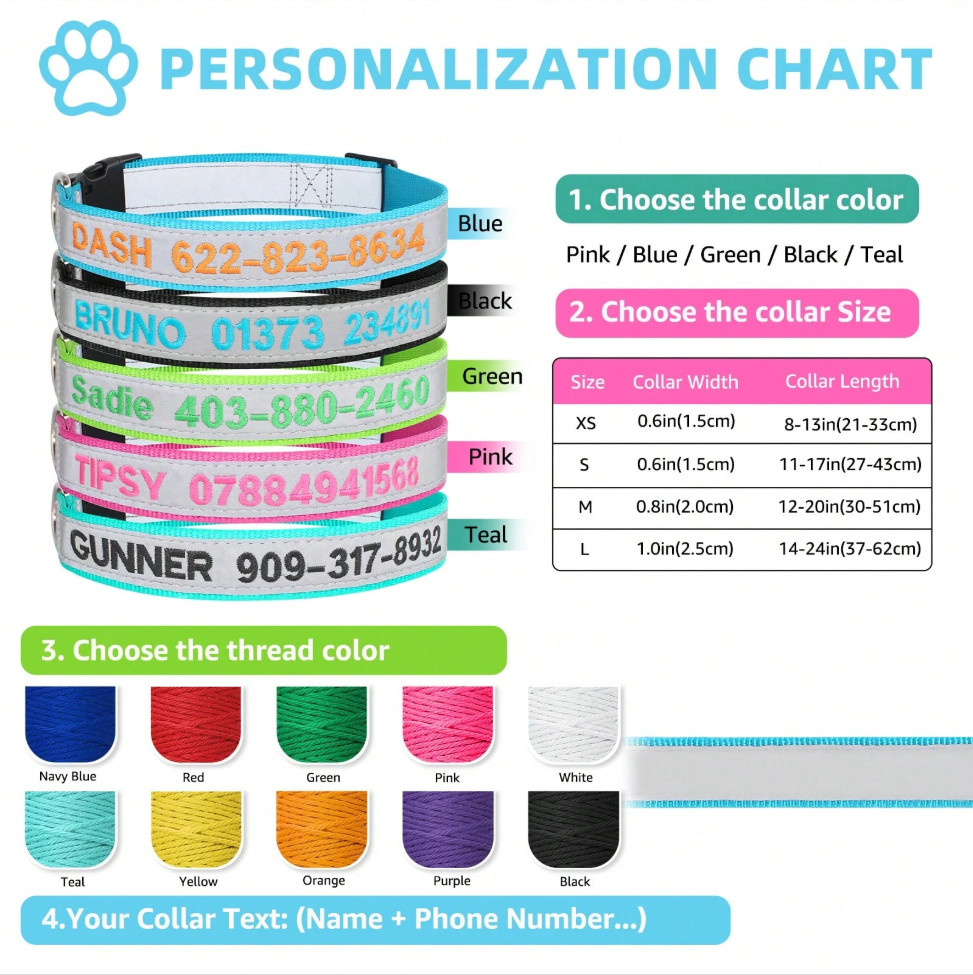 Personalized Reflective Dog Collar Custom Embroidered ID Name Phone Number Nylon