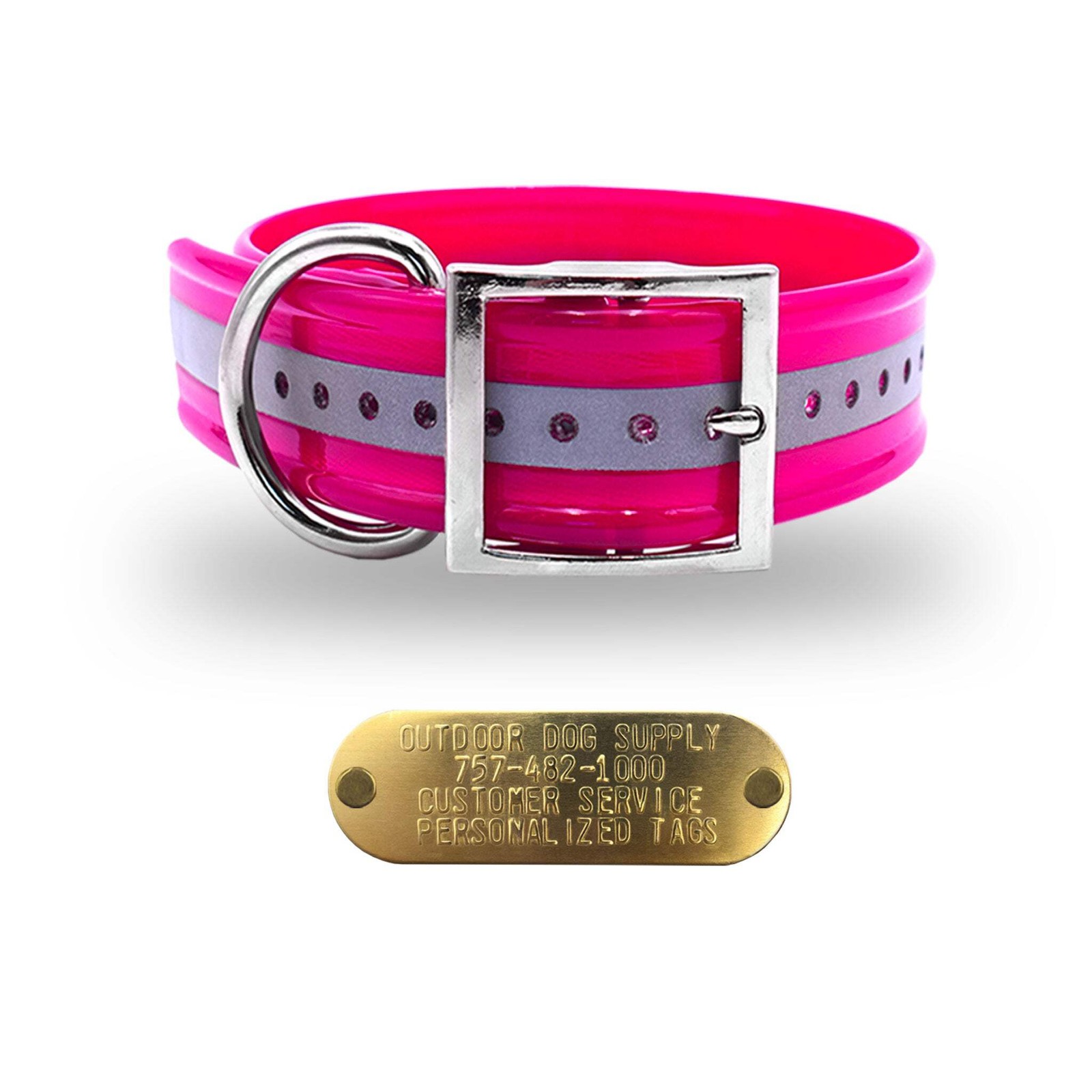 1 1/2″ Reflective Premium Glow Tuff D Ring Large Dog Collar with 1″ Brass Name P