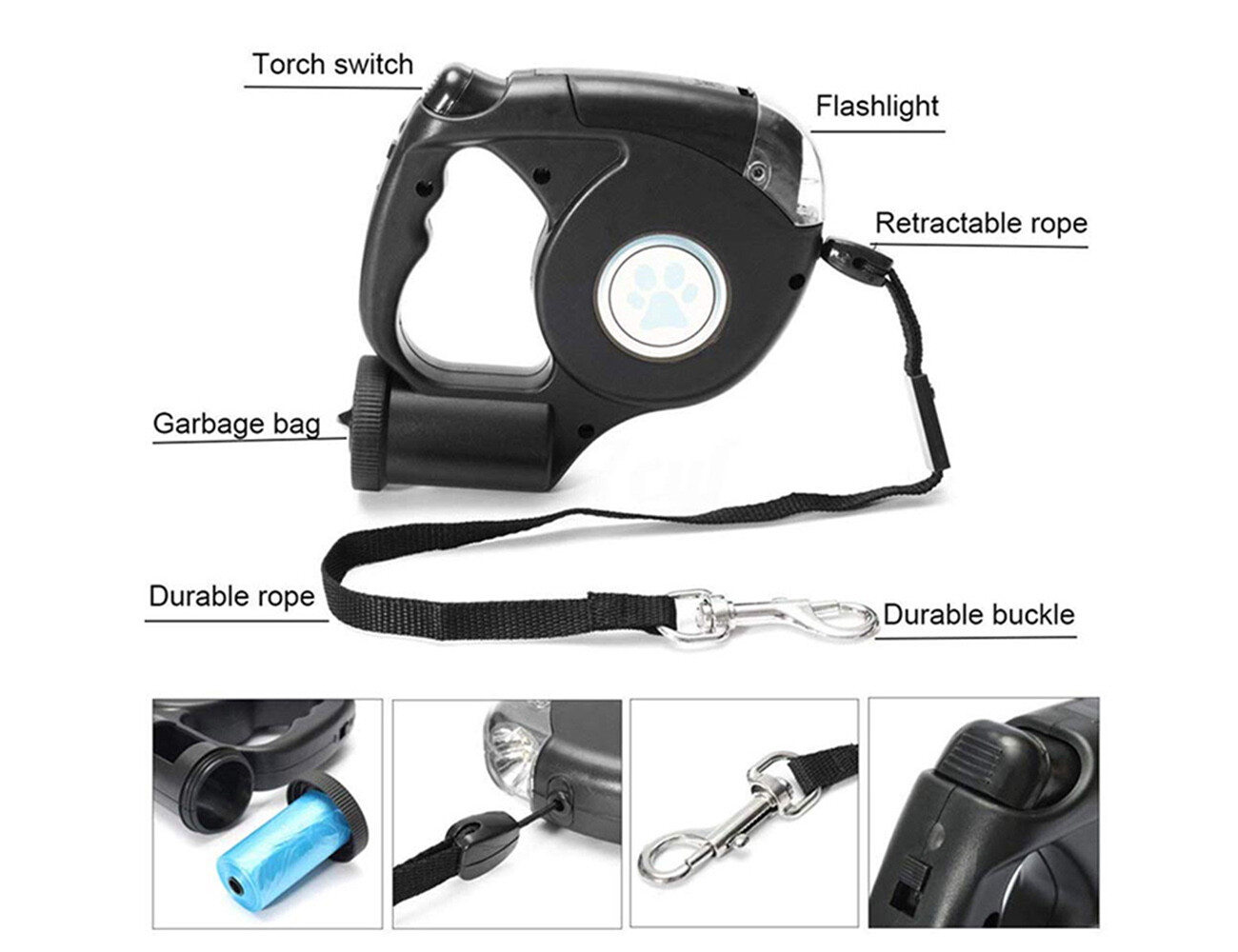 3 In 1 Retractable Dog Leash with LED Flashlight & Bag Dispenser