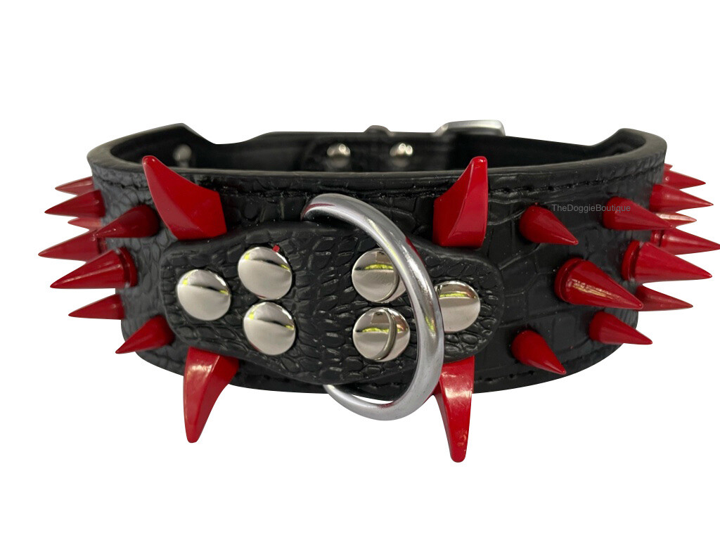 Dog Collar Sharp Red Spikes Spike Adjustable Rivet PU Leather 2″ wide S M L XL
