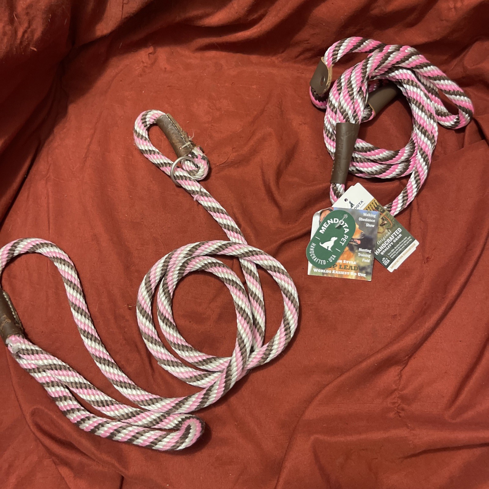 Mendota Dog Puppy Leash British Style Slip Lead Pink Chocolate 1/2”x 6’ 2 Pieces