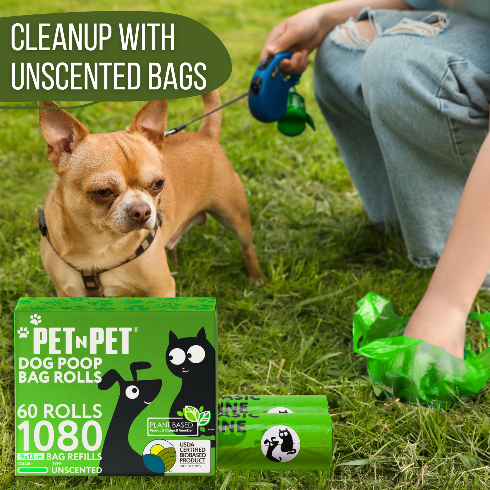 Pet N Pet 1080 Counts Green Poop Bags for Dogs, 38% Plant Based