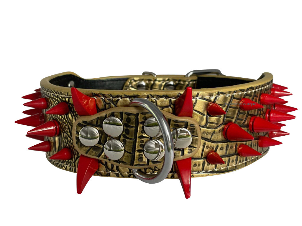 Dog Collar Sharp Red Spikes Spike Adjustable Rivet PU Leather 2″ wide S M L XL