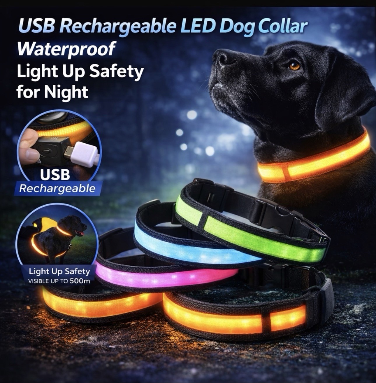 LED Dog Collar USB Rechargeable Waterproof Light Up for Night Safety