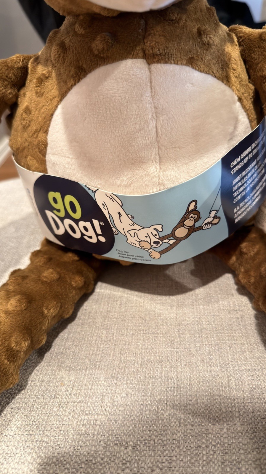 goDog Checkers Plush Monkey Dog Toy with Squeaker Brown Durable Soft Chew Toy