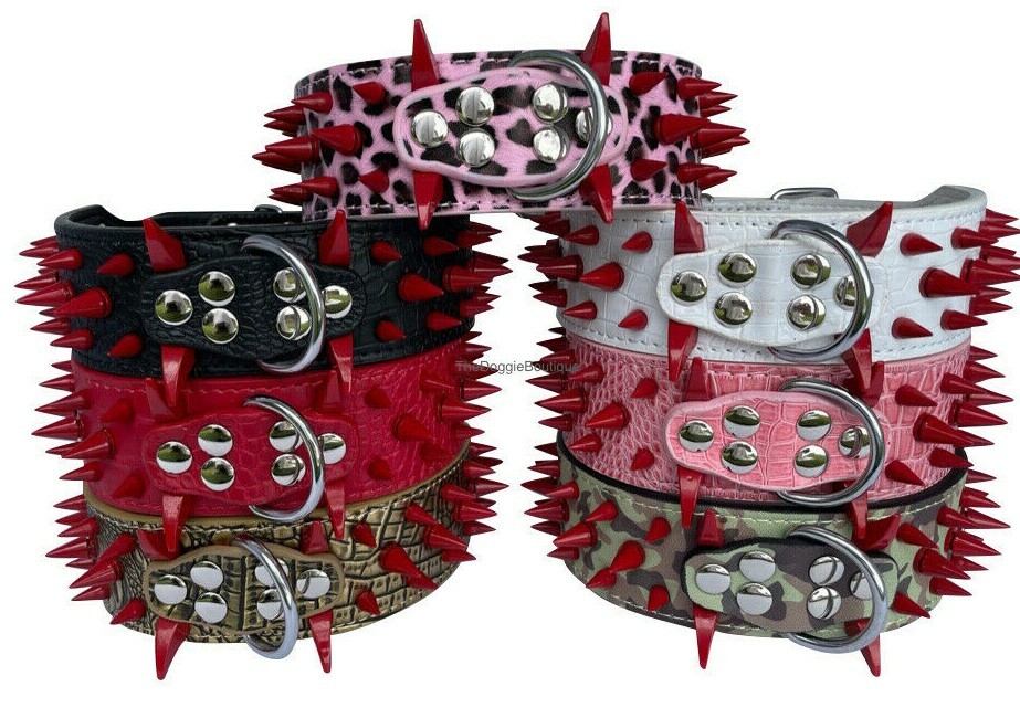 Dog Collar Sharp Red Spikes Spike Adjustable Rivet PU Leather 2″ wide S M L XL