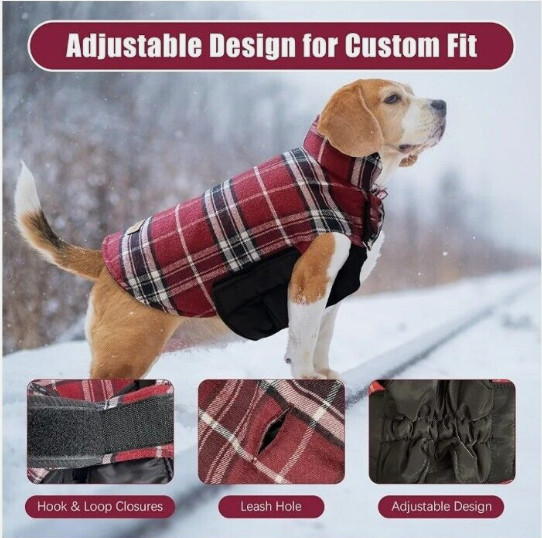 Spotted Play Warm Dog Coat, Red Plaid, Waterproof Reversible Dog Jacket, (XXXL)