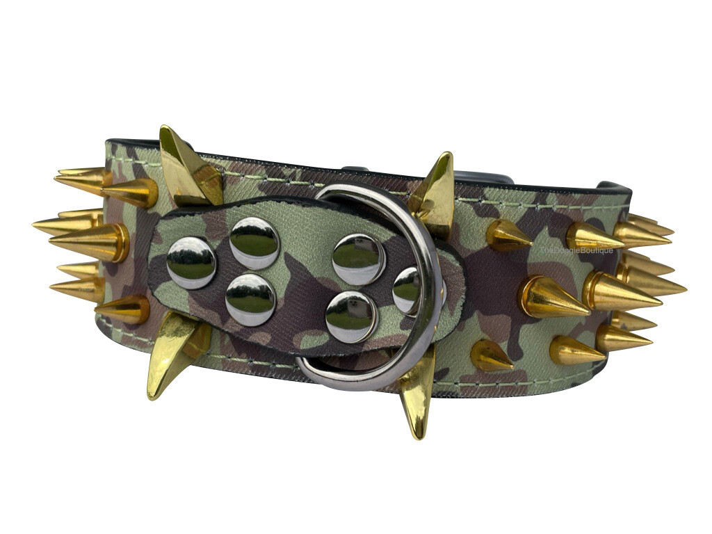 Dog Collar Sharp Gold Spikes Spike Rivet Adjustable PU Leather 2″ wide S M L XL