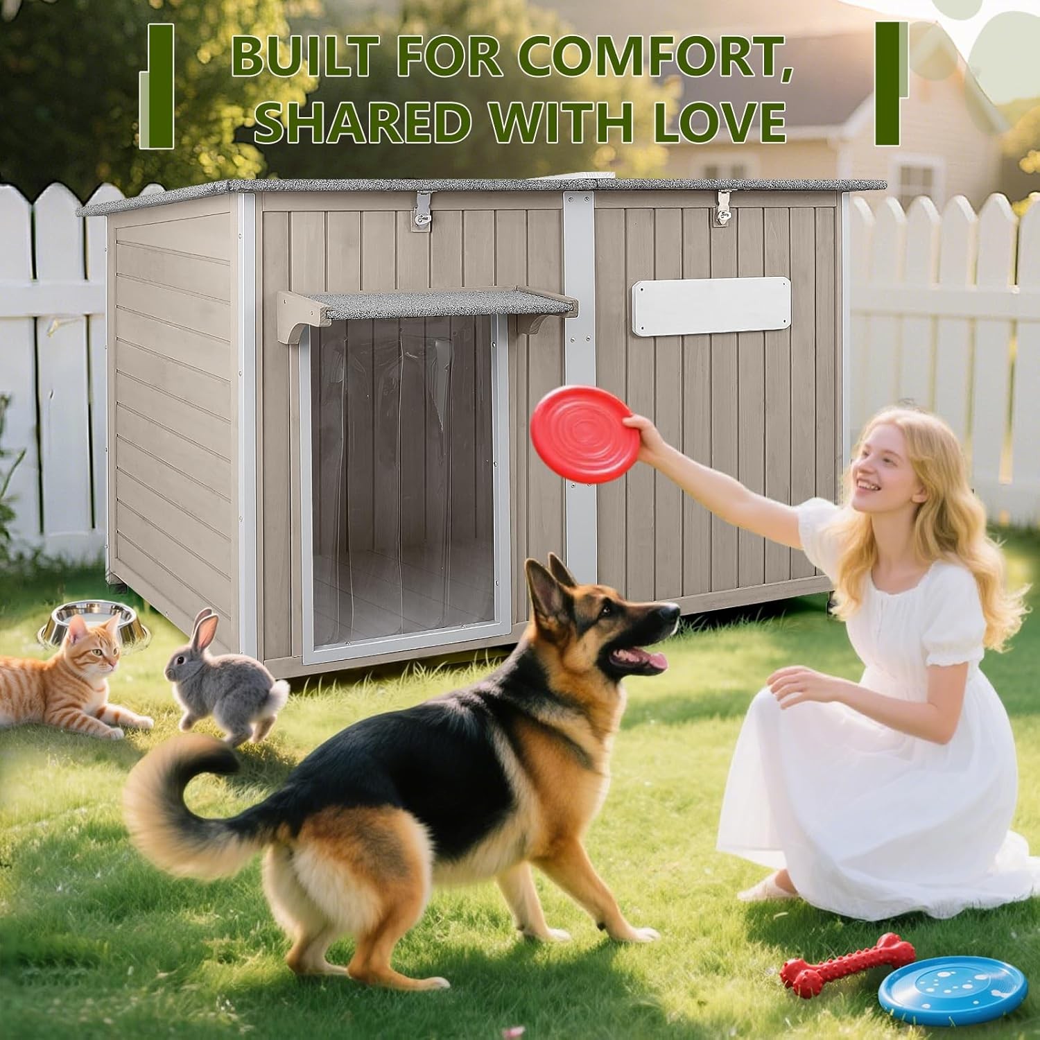 PETSCOSSET 55″L Large Dog House for Outdoor with Adjustable Vent Window, Gray