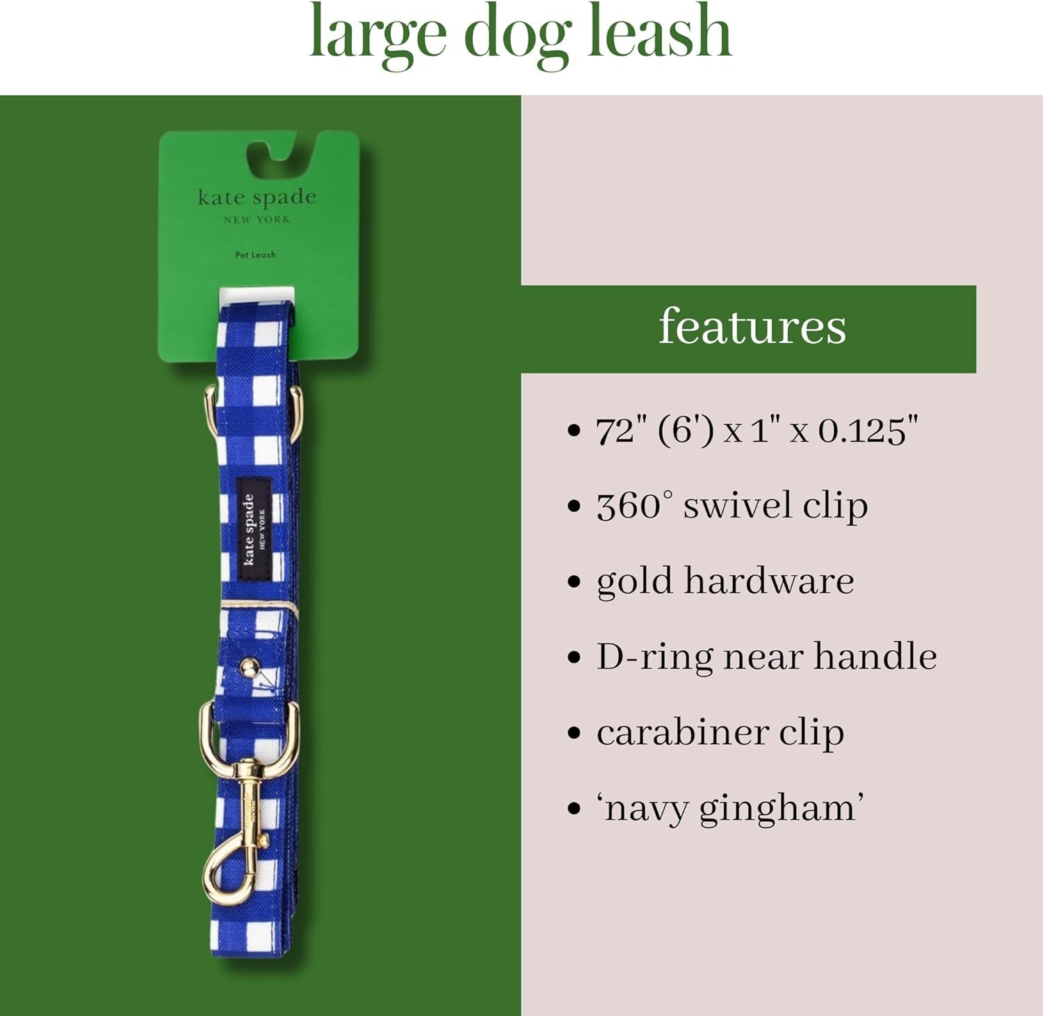 Kate Spade New York Navy Blue /gold/Gingham Leash (/L) for dog