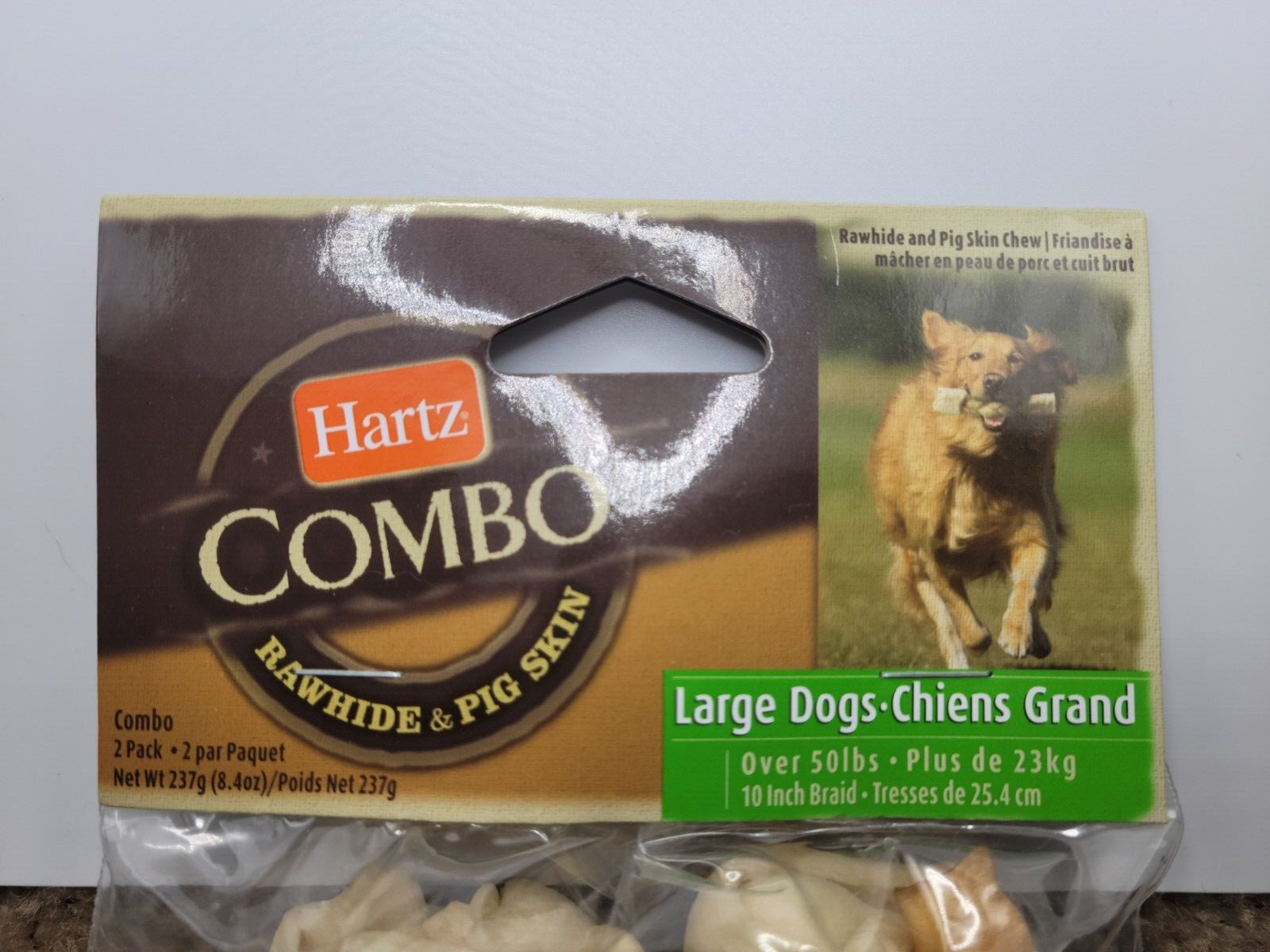 1 Package of 2 Hartz Combo Rawhide Pig Skin Chew 10″ Bones 8.4oz Large Dog F/S