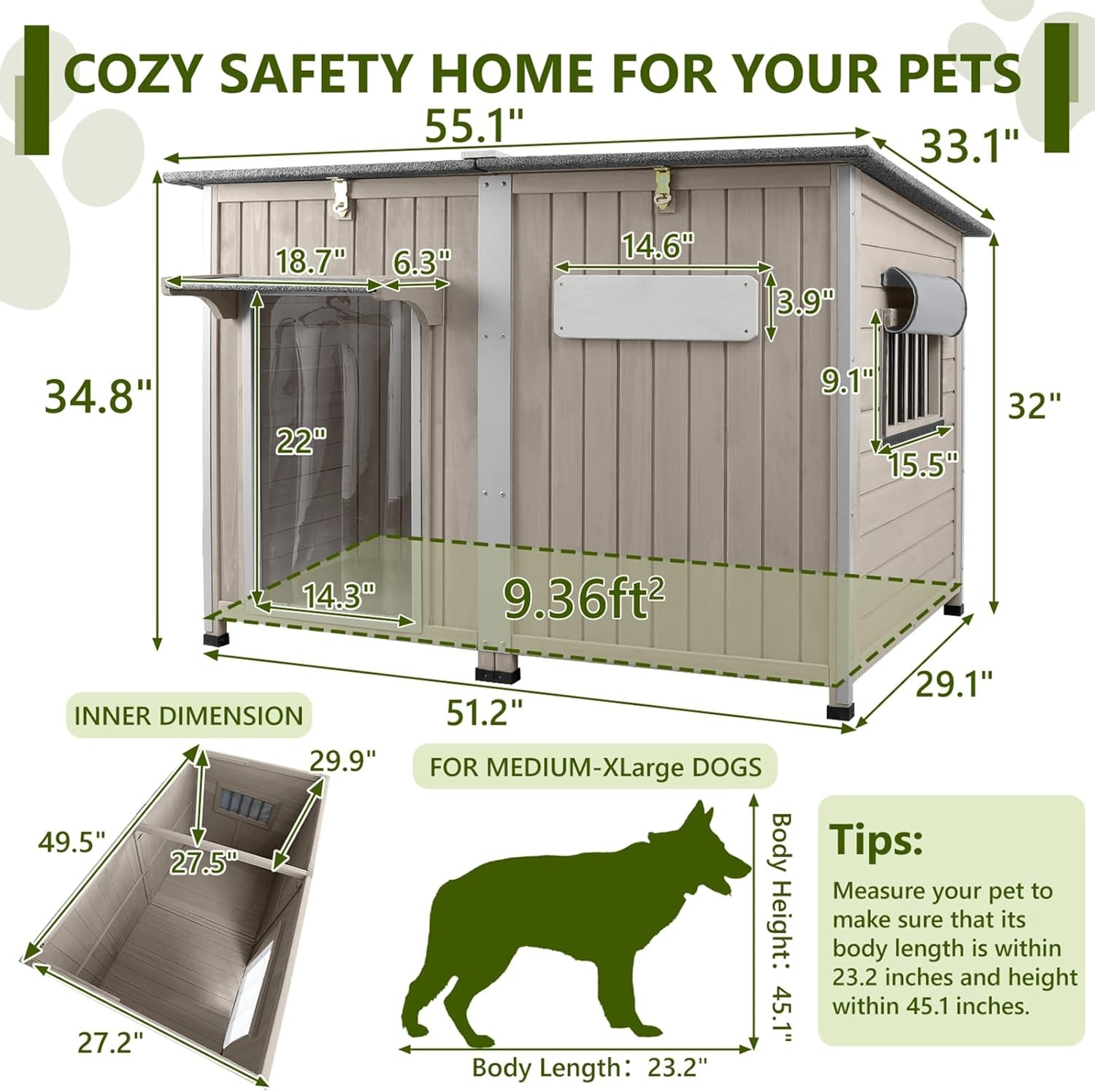 PETSCOSSET 55″L Large Dog House for Outdoor with Adjustable Vent Window, Gray