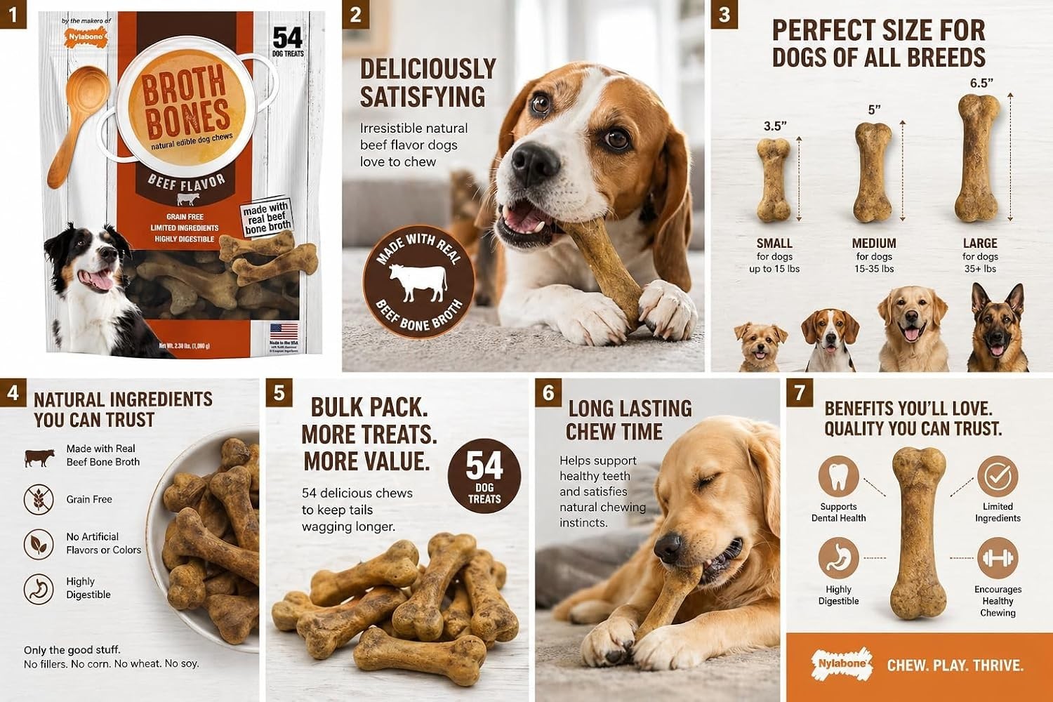 Nylabone Broth Bones Natural Edible Dog Treats – Beef Flavor 60 ct 2.60 lb