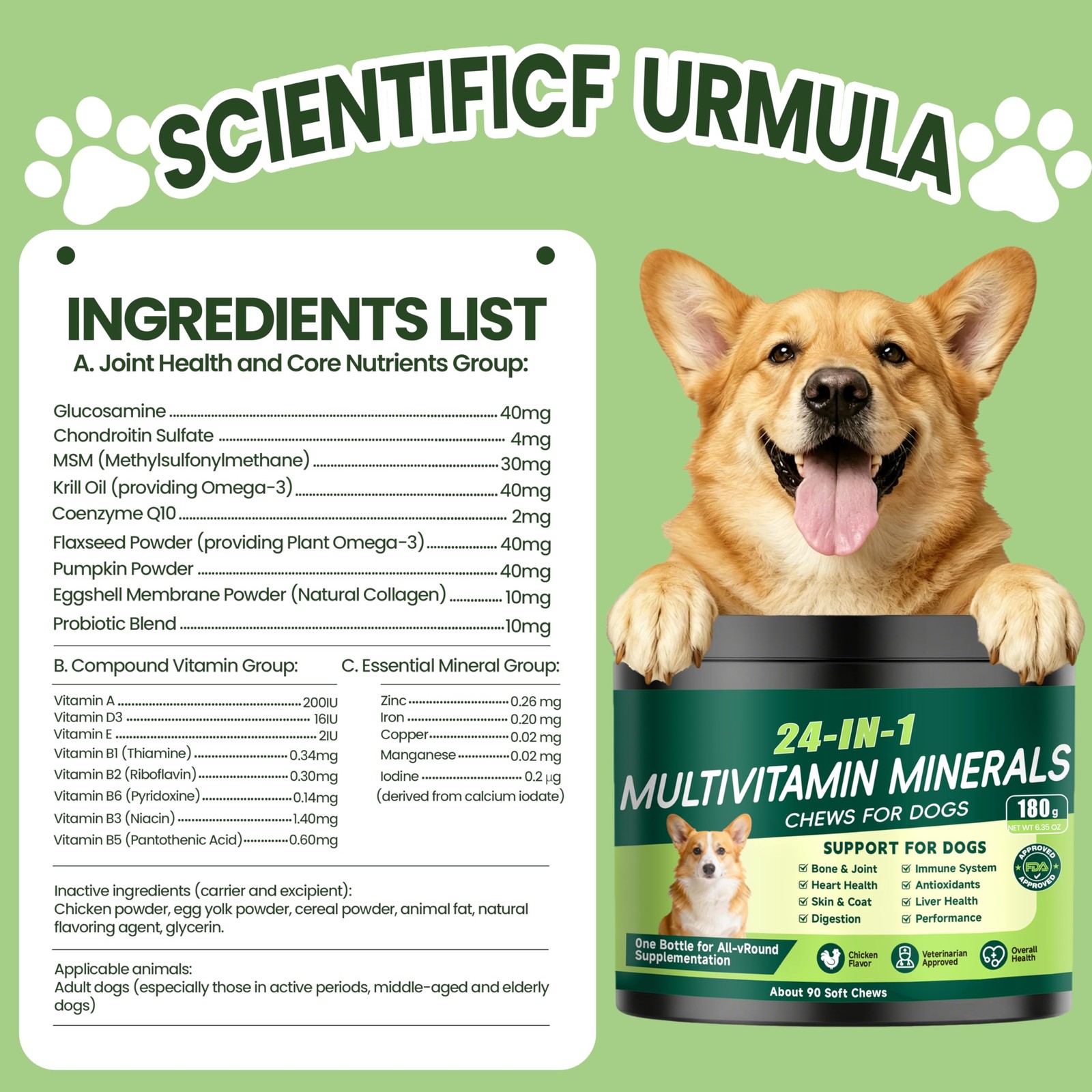 24-in-1 Dog Vitamins and Supplements, Multivitamin Chewable for 90 Chews