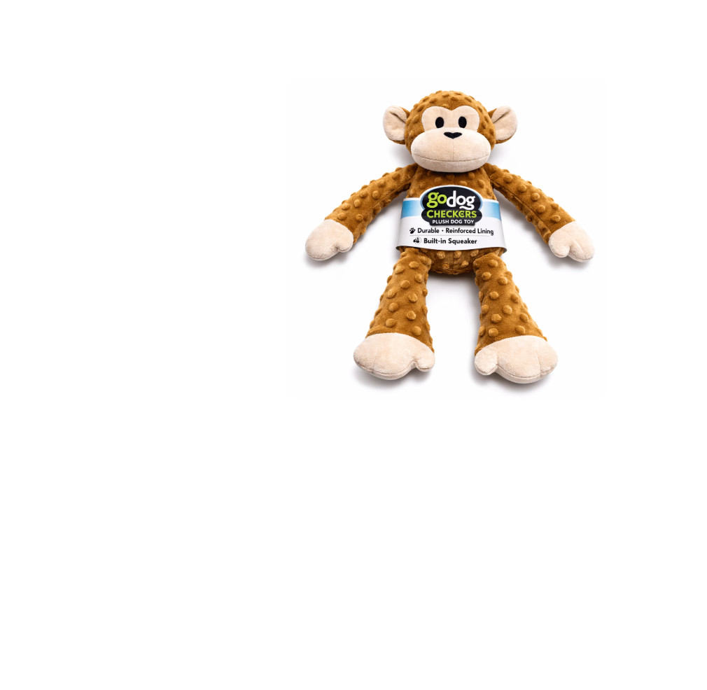 goDog Checkers Plush Monkey Dog Toy with Squeaker – Brown – Durable Soft Chew To
