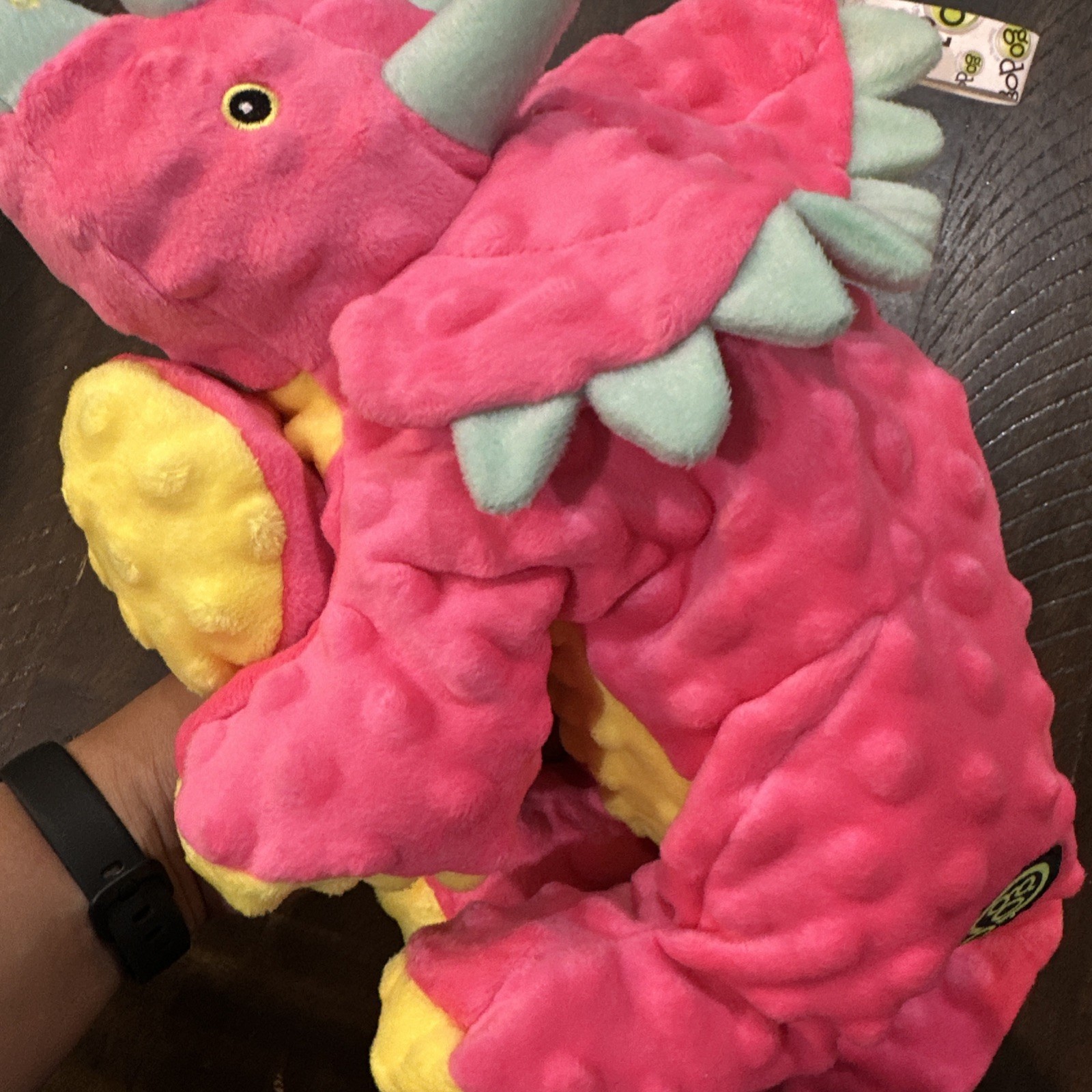 GoDog Dino Triceratops Toy Large Squeaker Pink Teal Yellow w/ Chew Guard Fabric