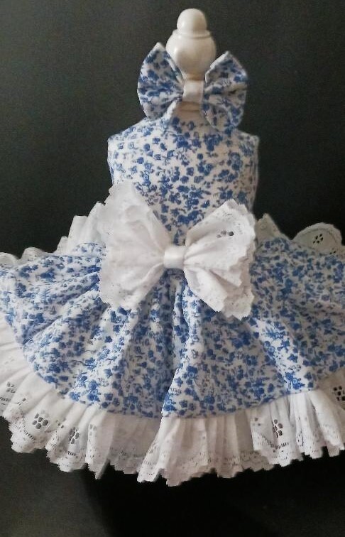 DOG HARNESS DRESS W/ MATCHING Hair bow BLUE CALIO NEW HANDMADE FREE SHIPPING