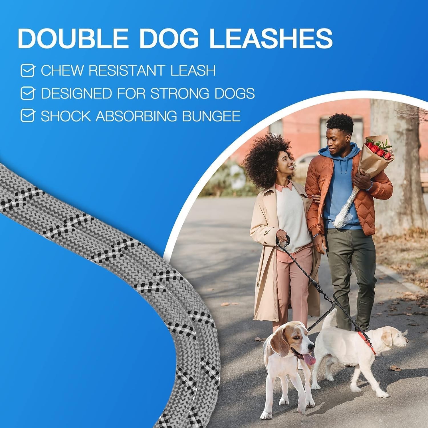 High-Performance Bungee Double Dog Leash, Tangle Resistant, for Medium & Large