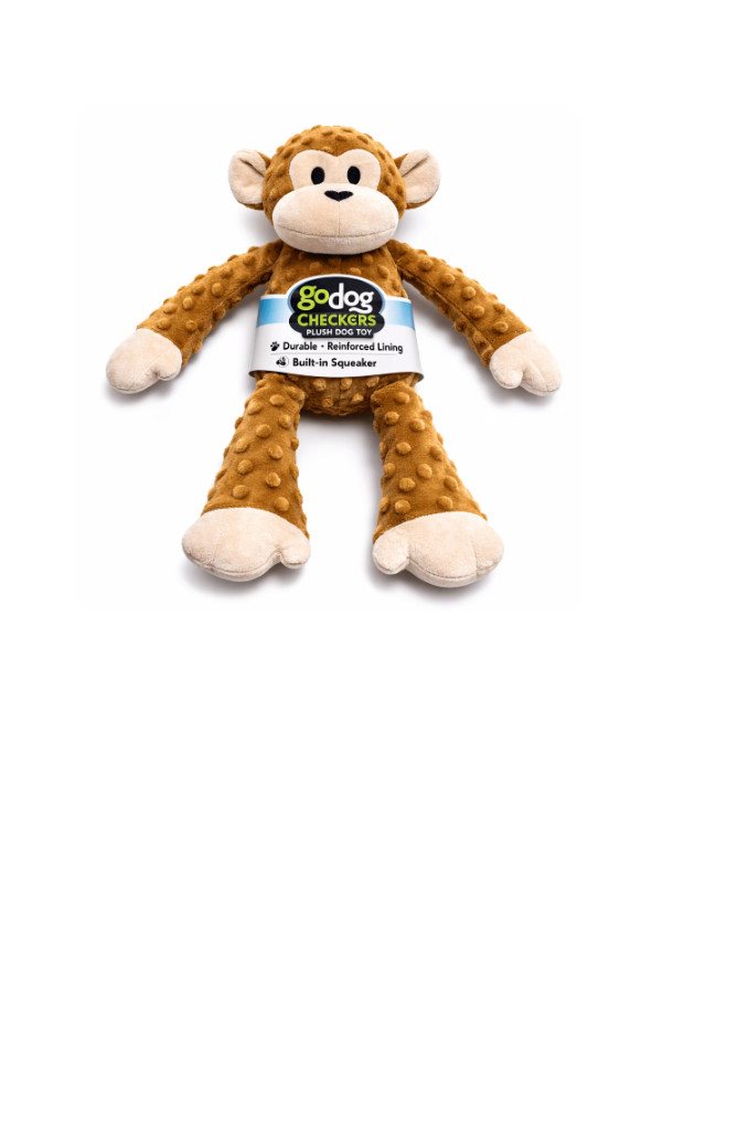 goDog Checkers Plush Monkey Dog Toy with Squeaker – Brown – Durable Soft Chew To
