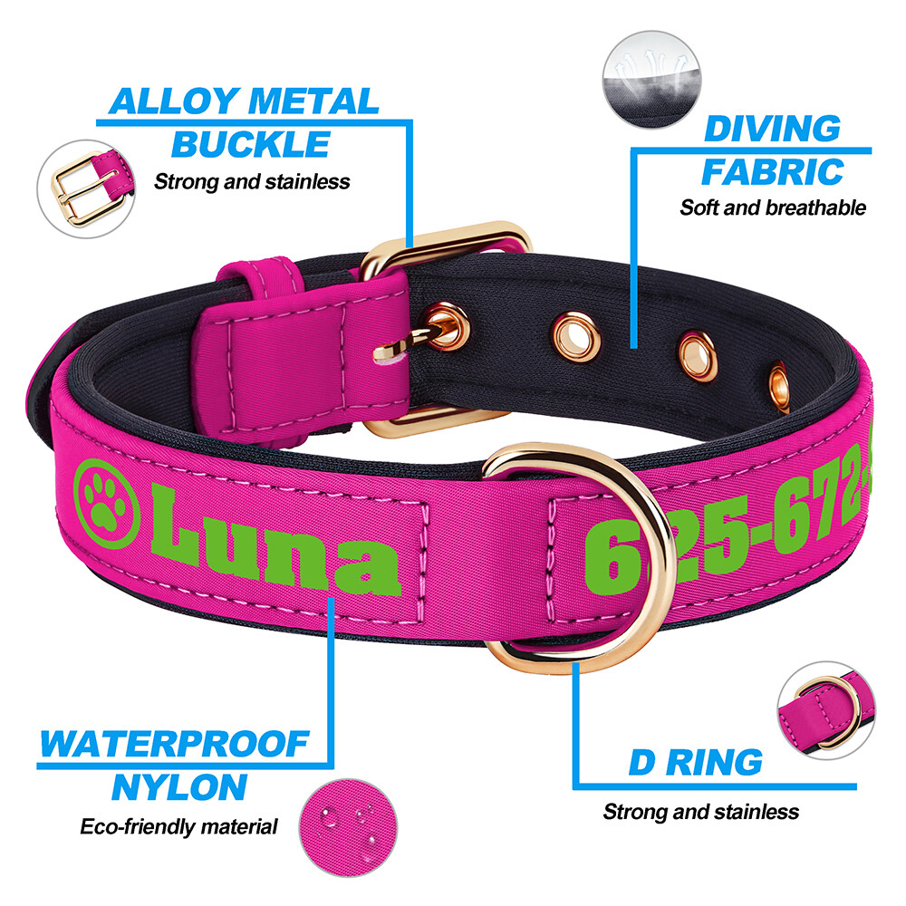 Personalized Nylon Dog Collar Custom Name Phone Print Soft Padded Adjustable S-L