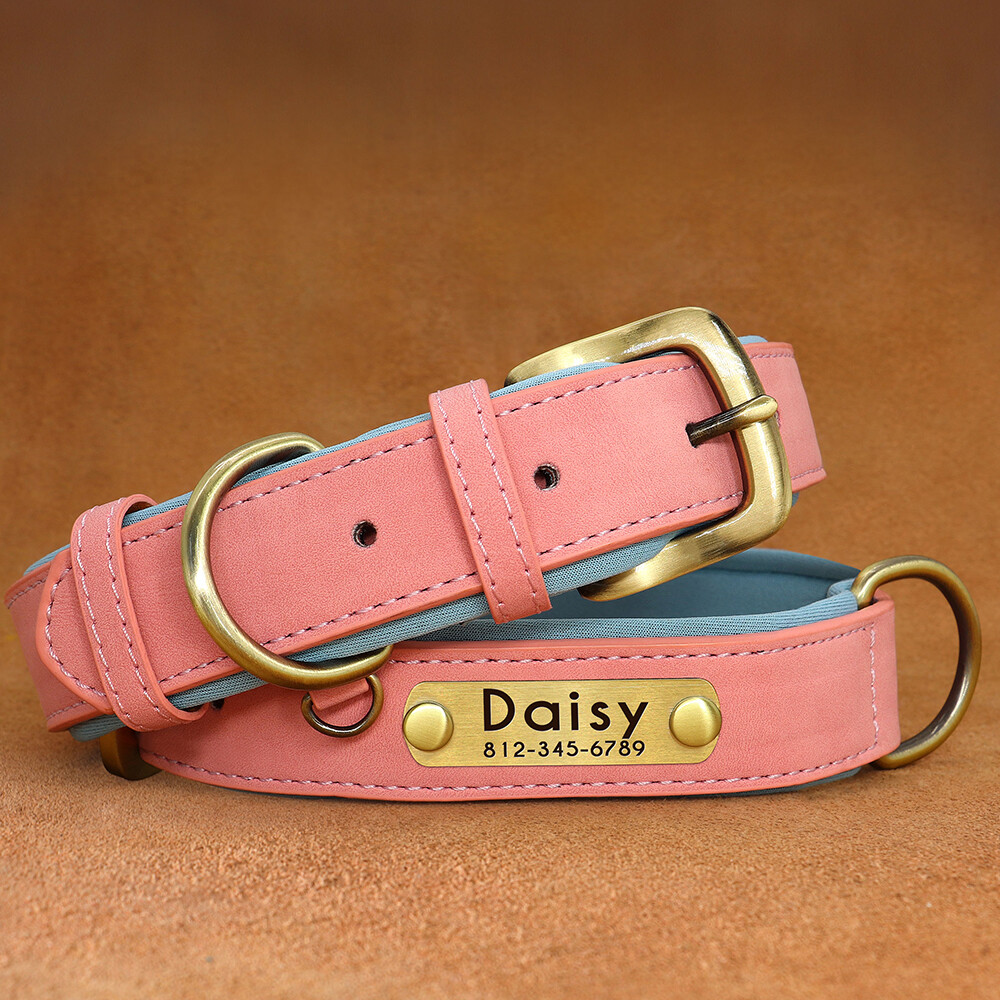 PERSONALIZED Soft Leather Dog Collar Custom Puppy Cat Name Free Engraved XS-XL