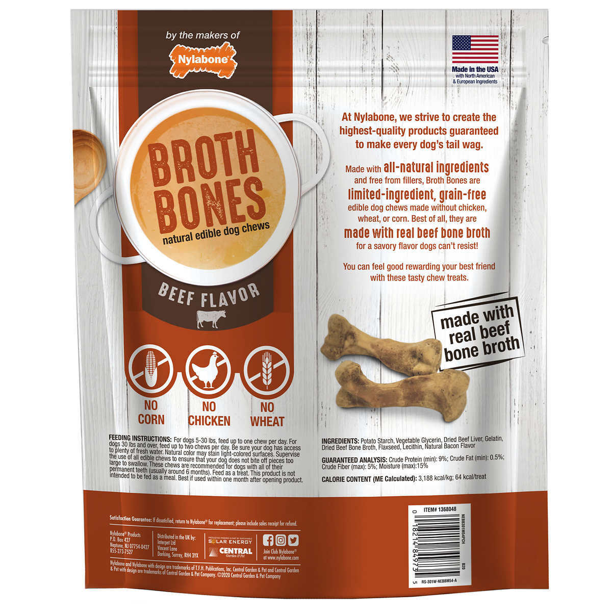 Nylabone Broth Bones Natural Edible Dog Chews Beef Flavor 54 ct 2.38 lb