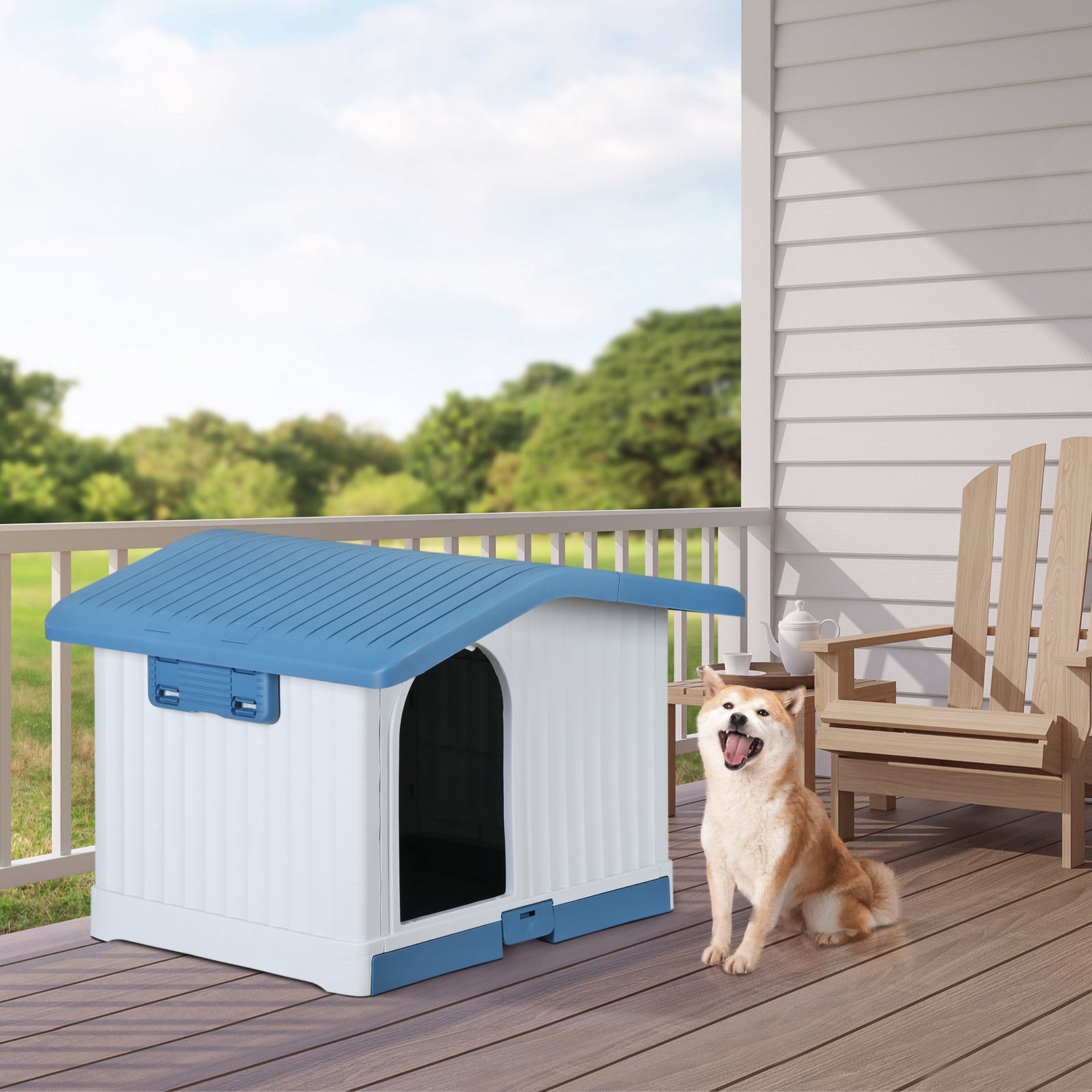 Large Plastic Dog House Indoor Outdoor Dog Kennel Waterproof Puppy Shelter Blue