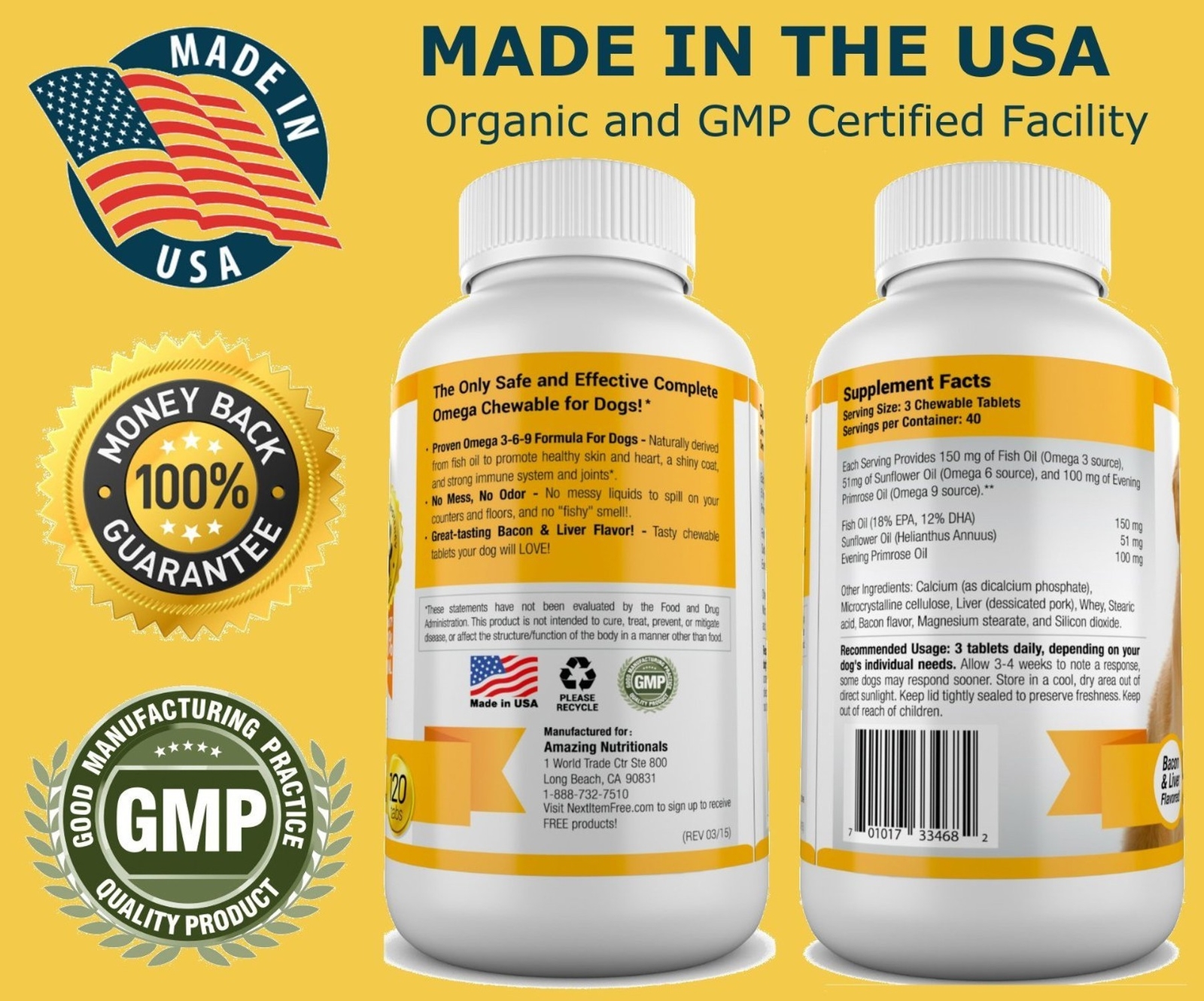 Amazing Omega 3 for Dogs – Shiny Coat, Less Itching, Tasty Bacon Flavored Chews