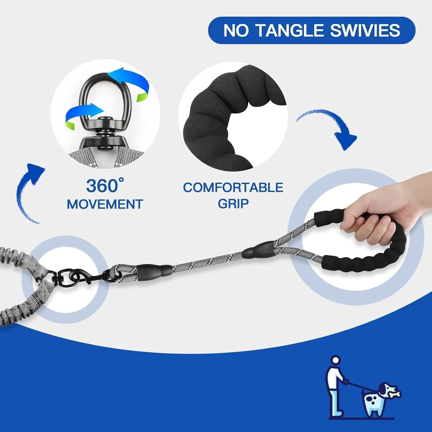 High-Performance Bungee Double Dog Leash, Tangle Resistant, for Medium & Large