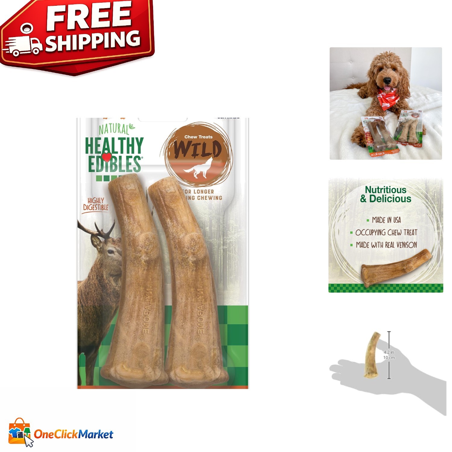 All-Natural Venison Chew Bones for Large Dogs – Long Lasting Dog Treats, 2 Count