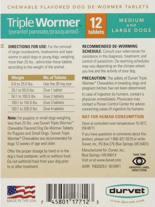Durvet Triple Wormer for Medium and Large Dogs 12ct