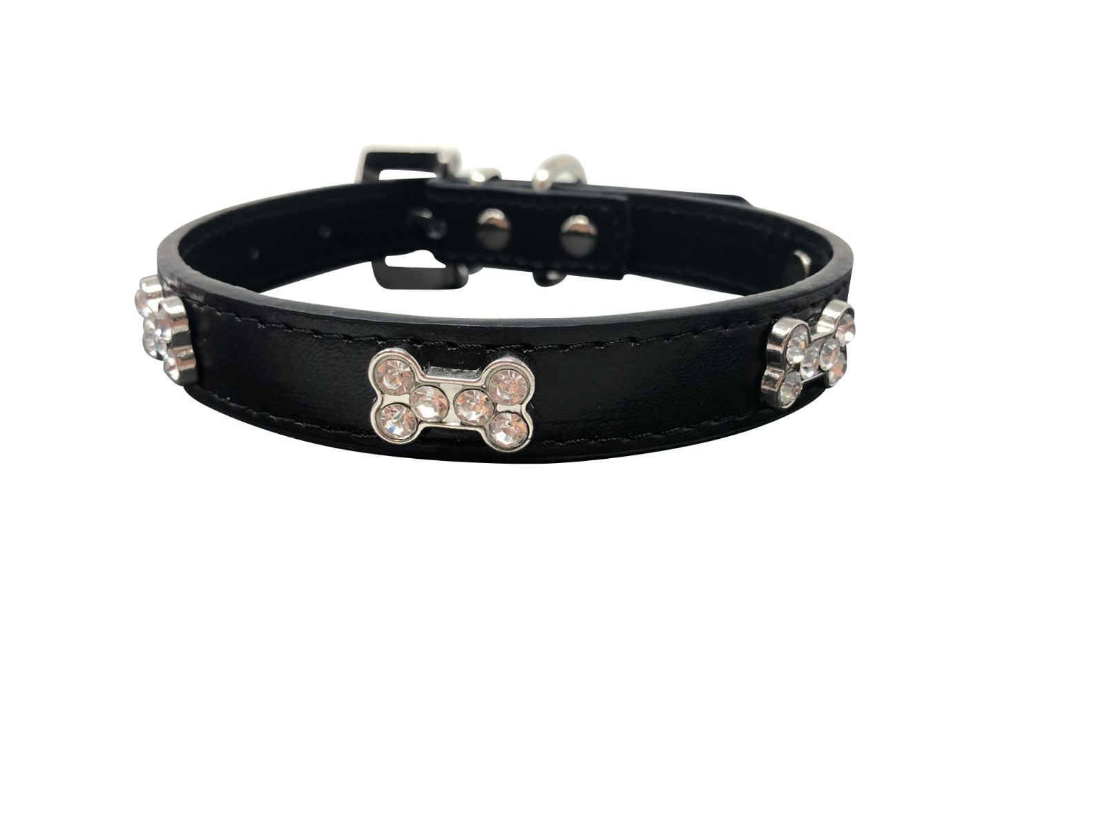 Dog Collar Rhinestone Crystal Bling Bone Adjustable Faux Leather XS S M L