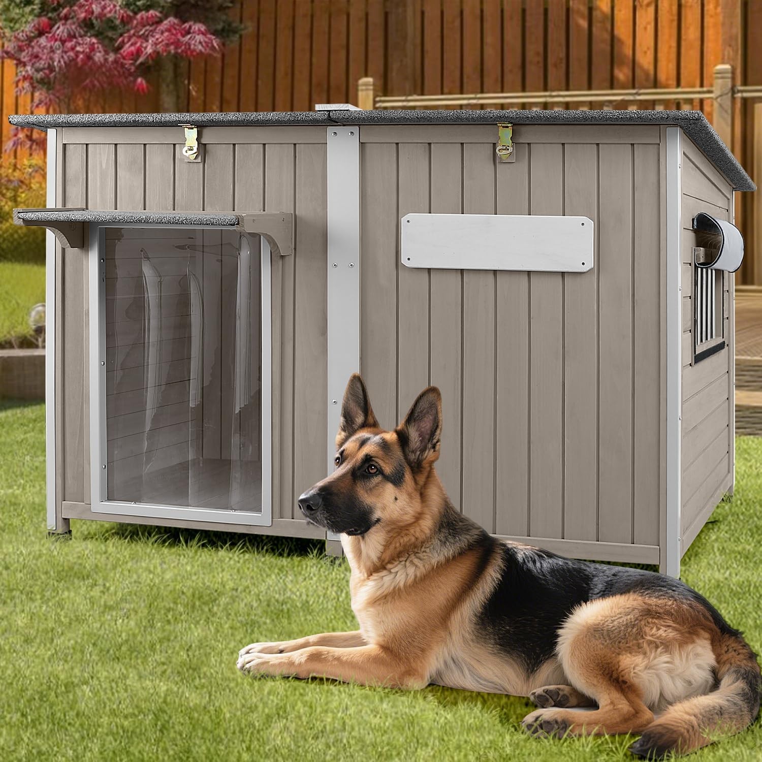 PETSCOSSET 55″L Large Dog House for Outdoor with Adjustable Vent Window, Gray