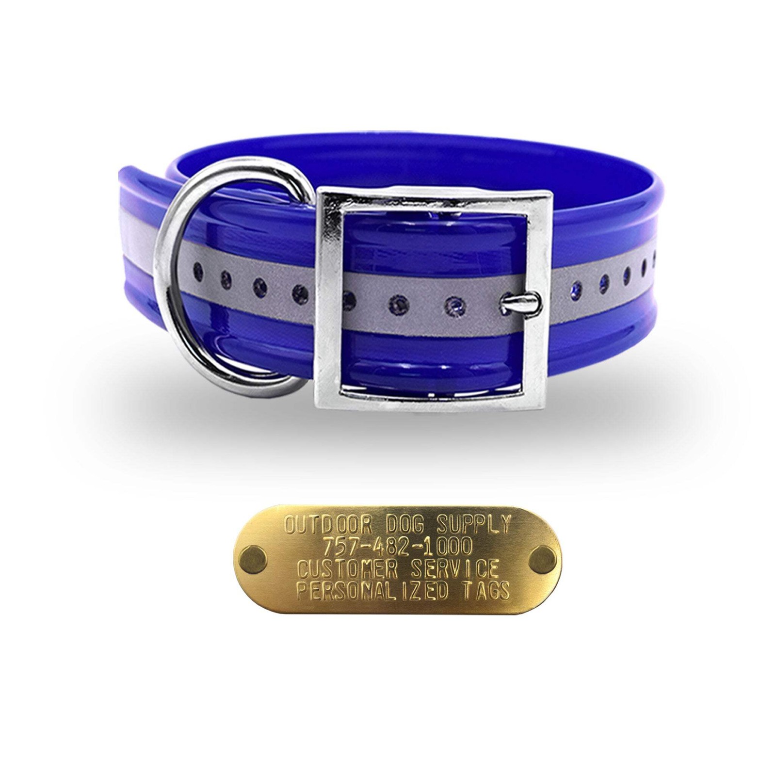 1 1/2″ Reflective Premium Glow Tuff D Ring Large Dog Collar with 1″ Brass Name P
