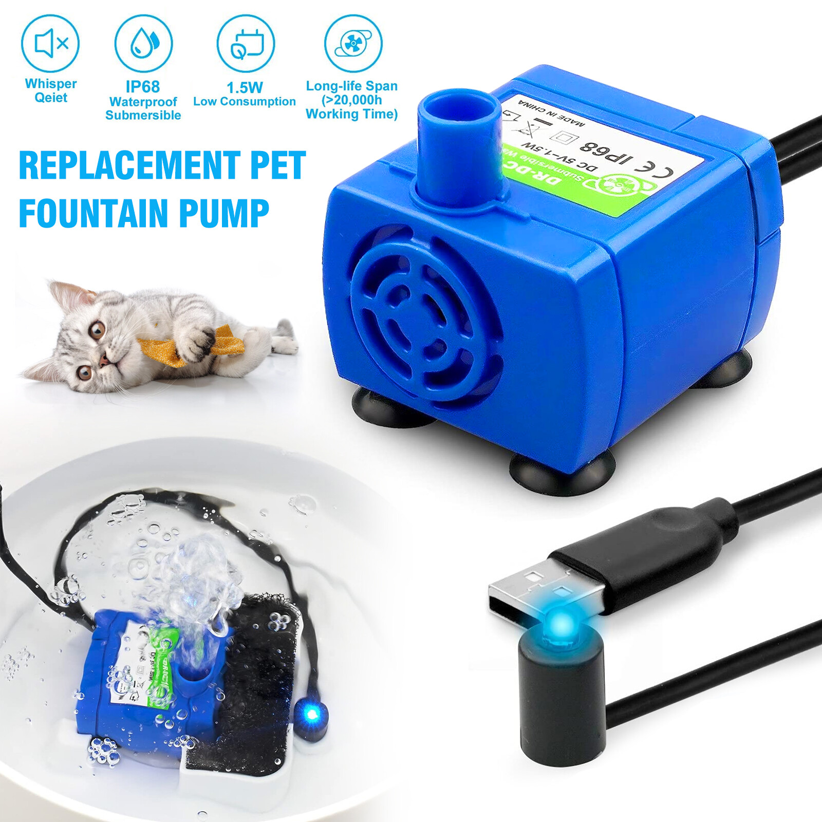 Electric LED Pet Drinking Water Fountain Pump USB Rechargeable Motor Replacement