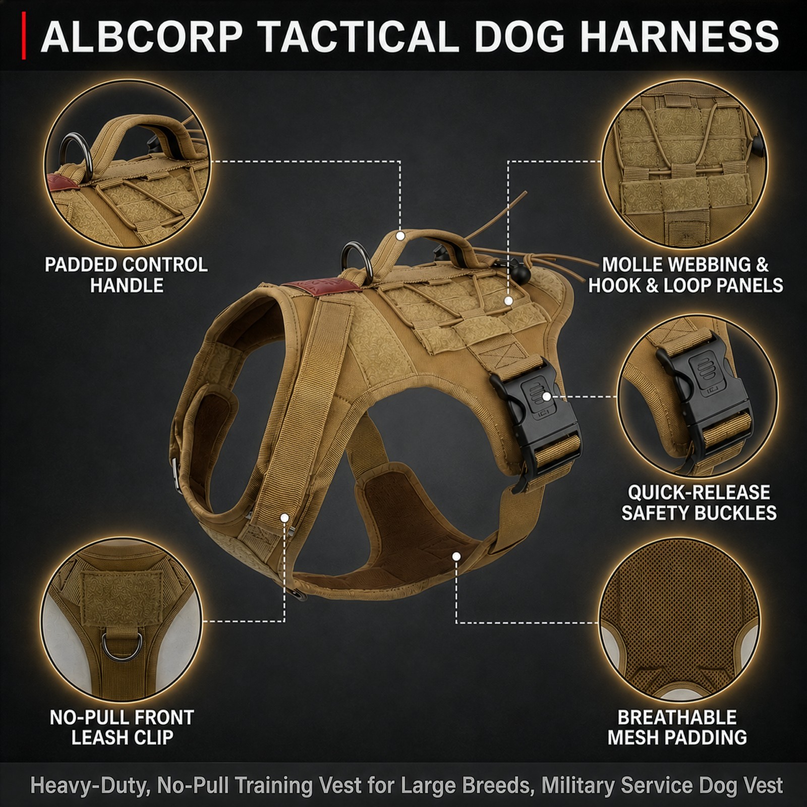 ALBCORP Tactical Dog Vest Harness – Military K9 Dog Training Vest – Working Dog