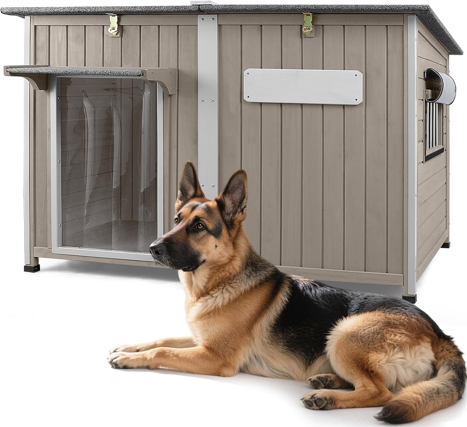 PETSCOSSET 55″L Large Dog House for Outdoor with Adjustable Vent Window, Gray