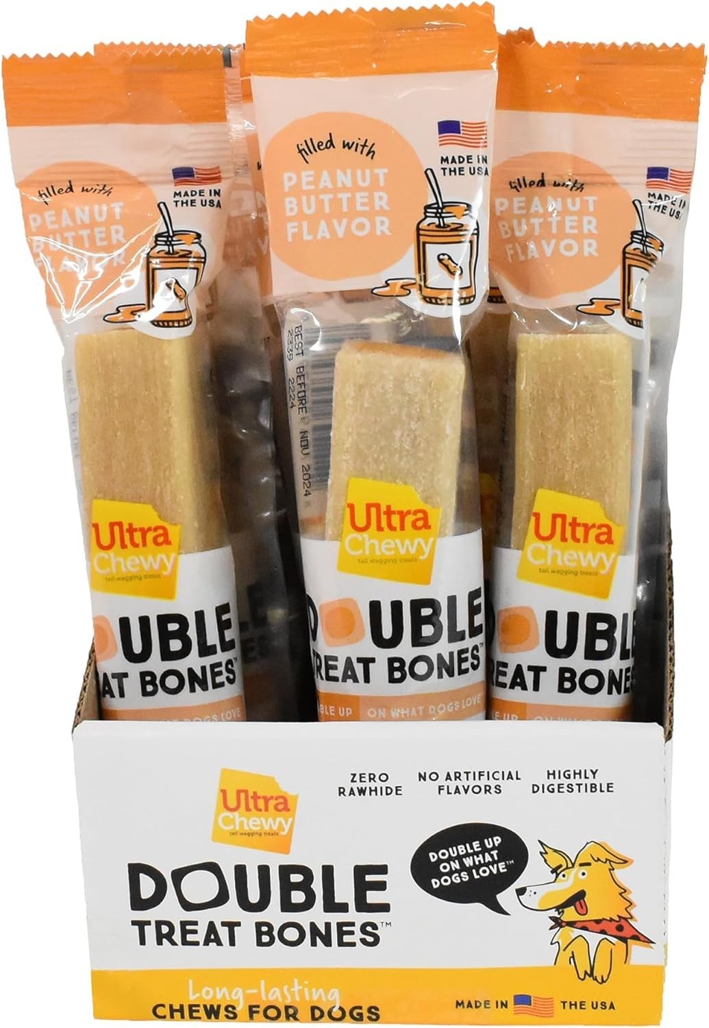 Peanut Butter Double Treat Bones: Long-Lasting Dog Treats Made in USA for Large
