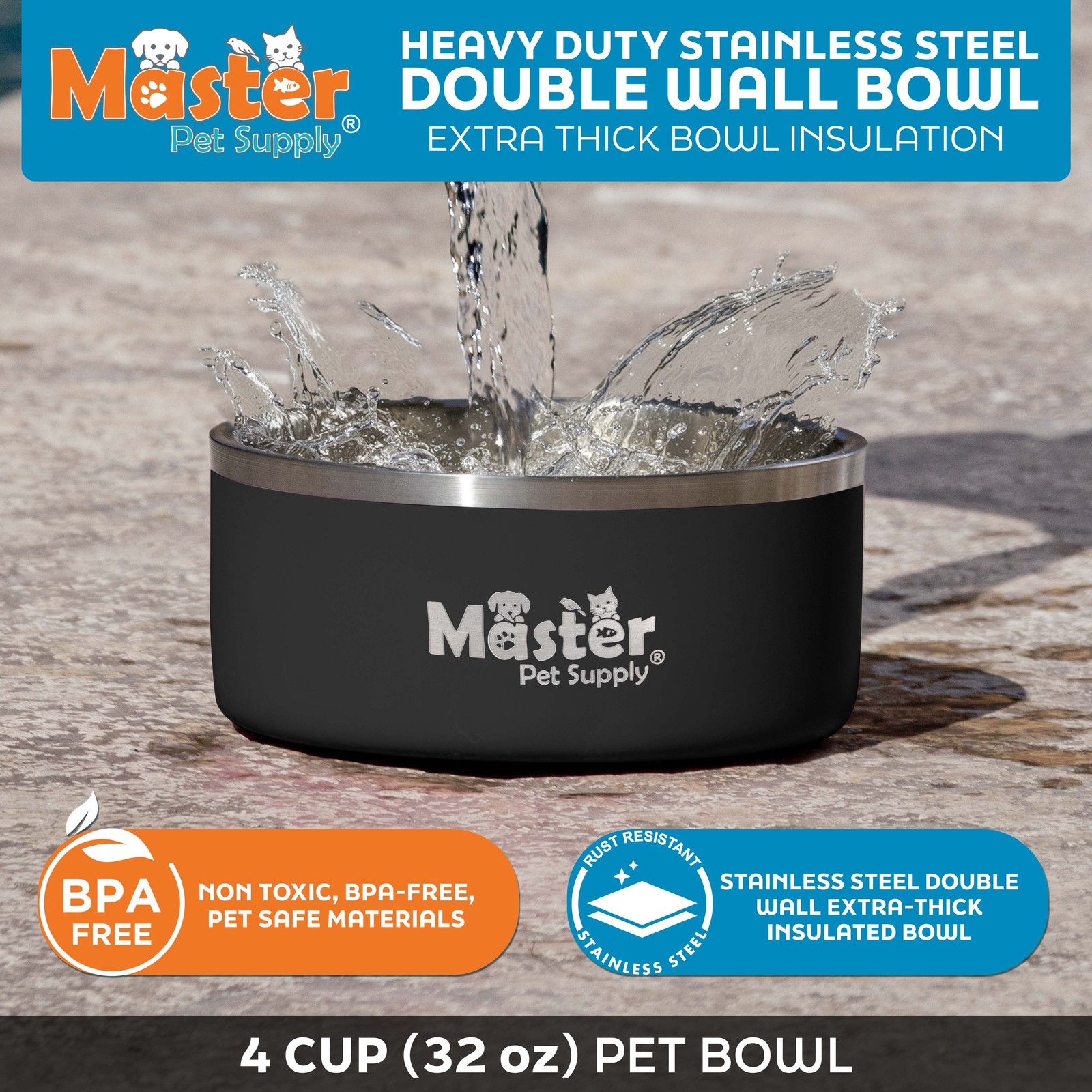 Stainless Steel Medium Double Wall Dog Bowl with Anti Skid Base – Black Velvet