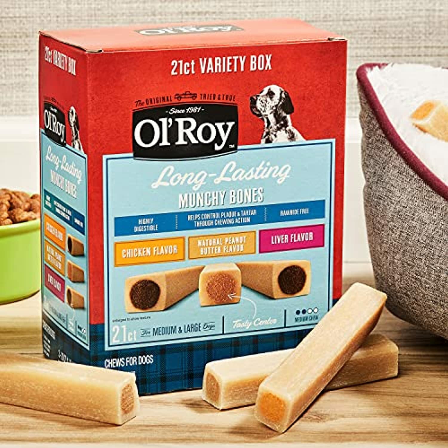 Ol’ Roy Munchy Bones Dog Treats Variety Box, Chicken, Peanut Butter, Liver, 21