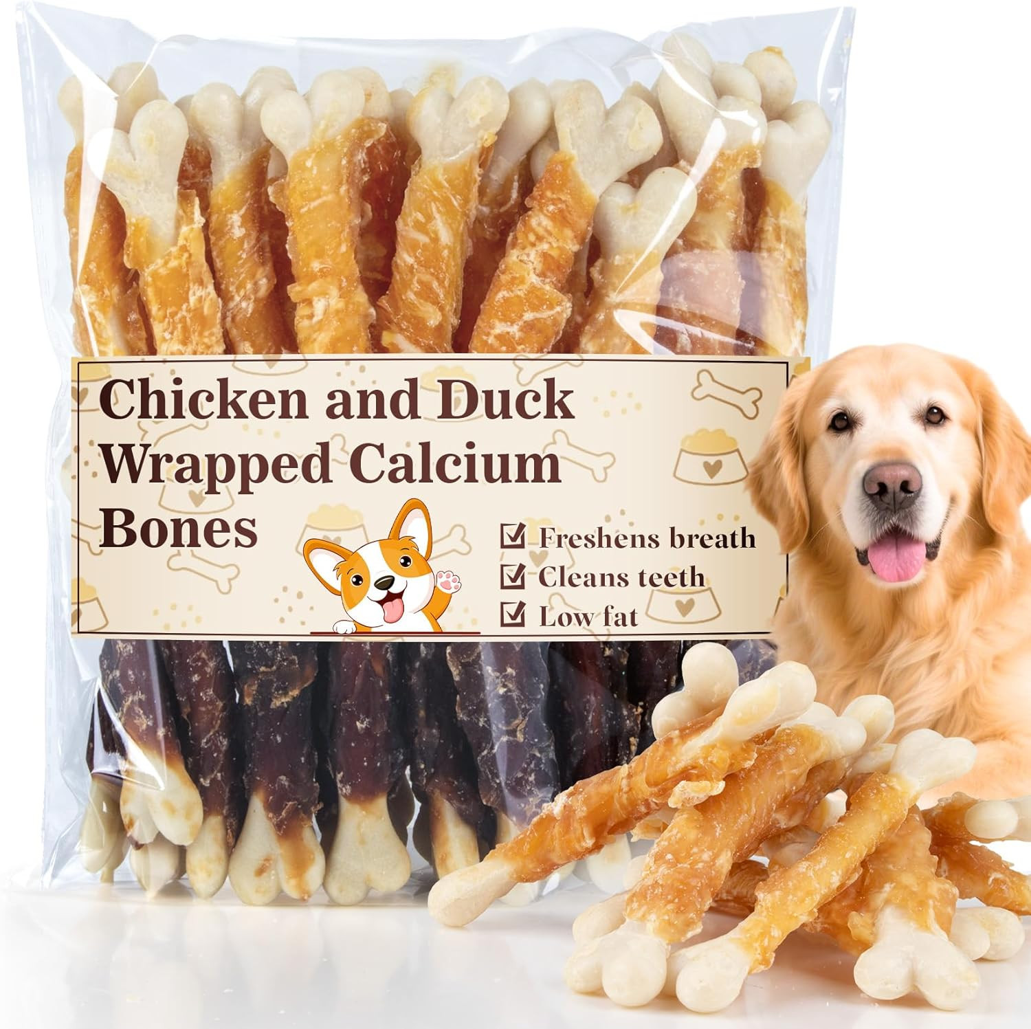 Dog Treats, Chicken, Duck Wrapped Calcium Bones Without Rawhide Training Treats