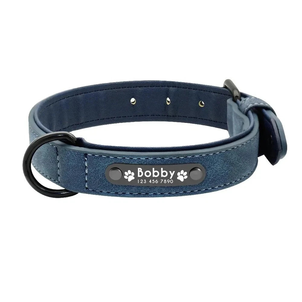 Soft Leather Personalised Dog Collar Custom ID Name for Small Medium Large Dogs