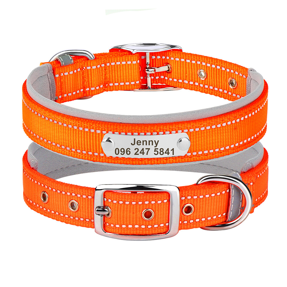 Reflective Nylon Personalized Dog Collar Custom Pet Name ID Tag Adjustable S-XL