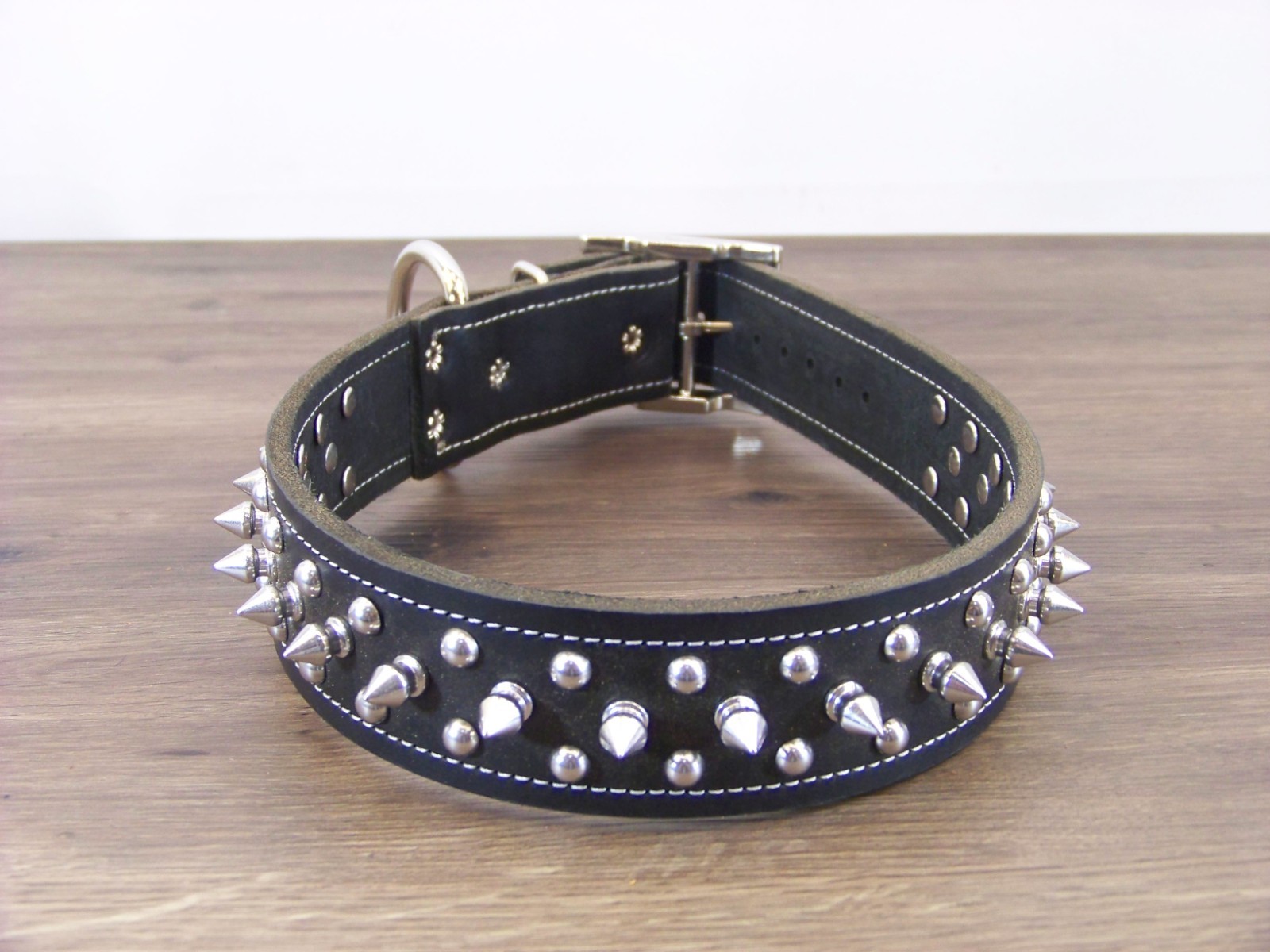 1 – 1/2″ Wide Top Quality Leather Dog Collar W/ Spikes & Domes Made In USA