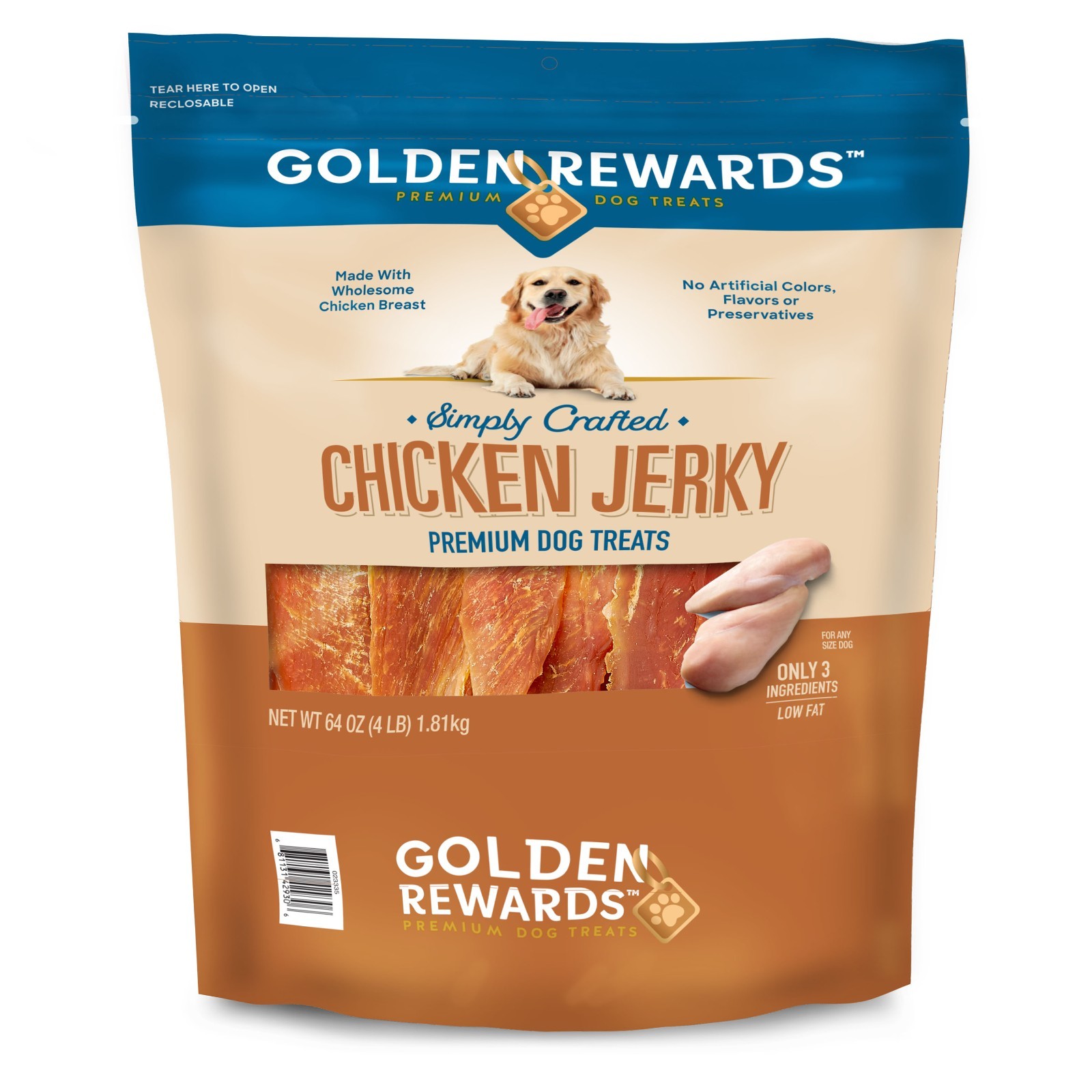 Golden Rewards Chicken Flavor Premium Dry Jerky Treats for All Dogs 64 oz