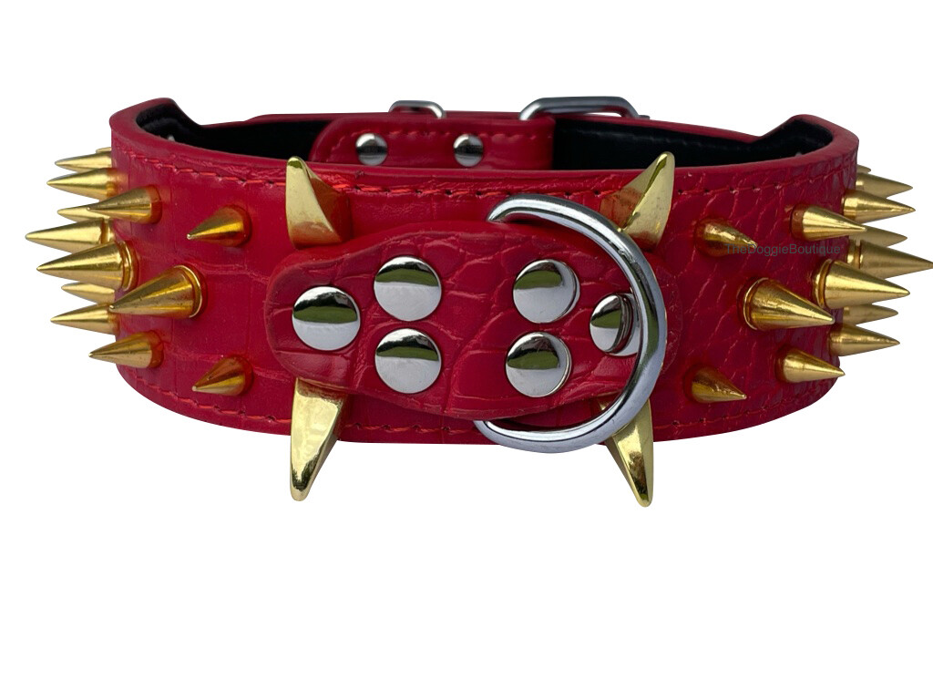 Dog Collar Sharp Gold Spikes Spike Rivet Adjustable PU Leather 2″ wide S M L XL
