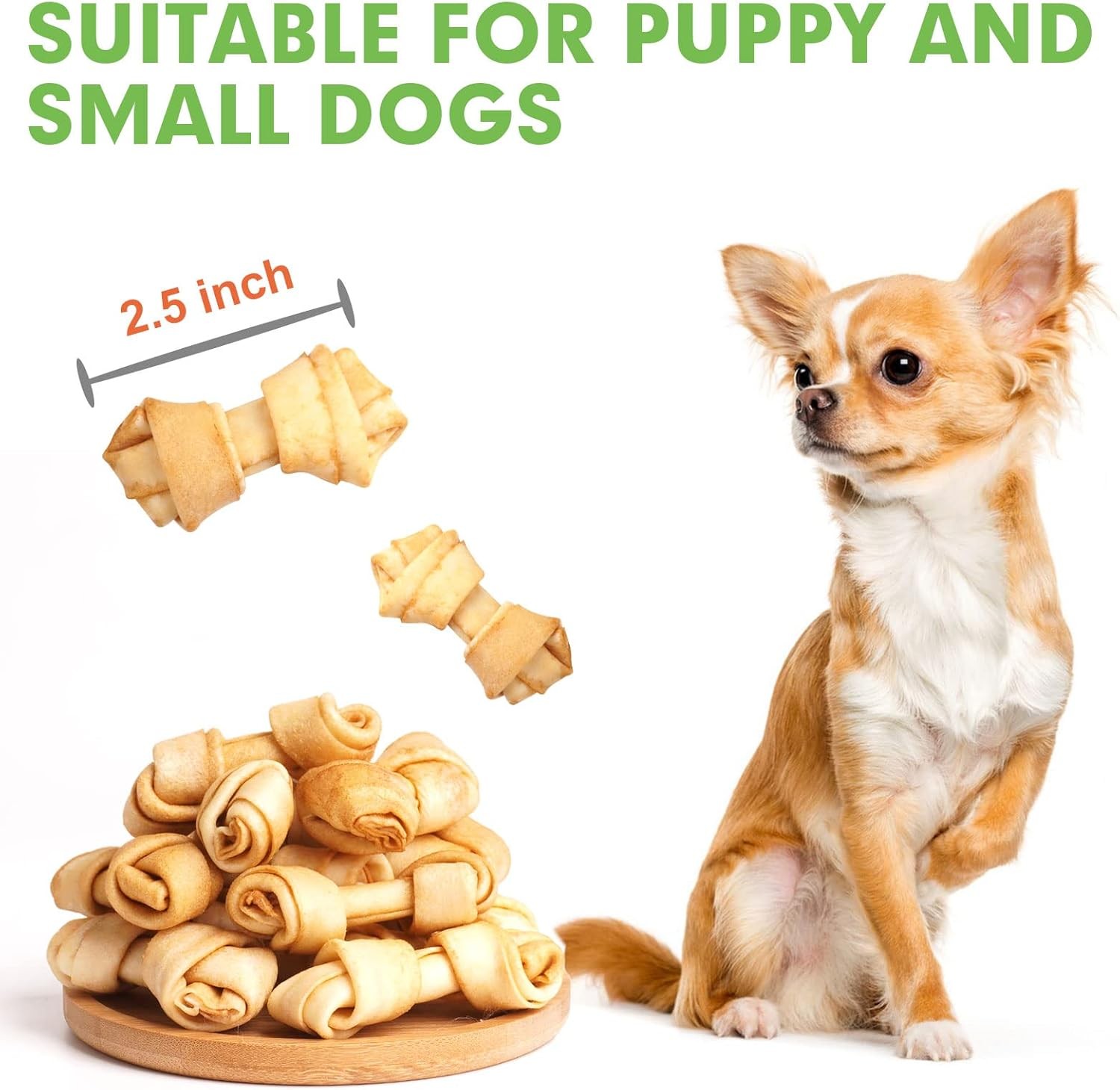 Rawhide Knot Bones 2.5in Chicken Flavor — 60 Count for Puppies & Small Dogs
