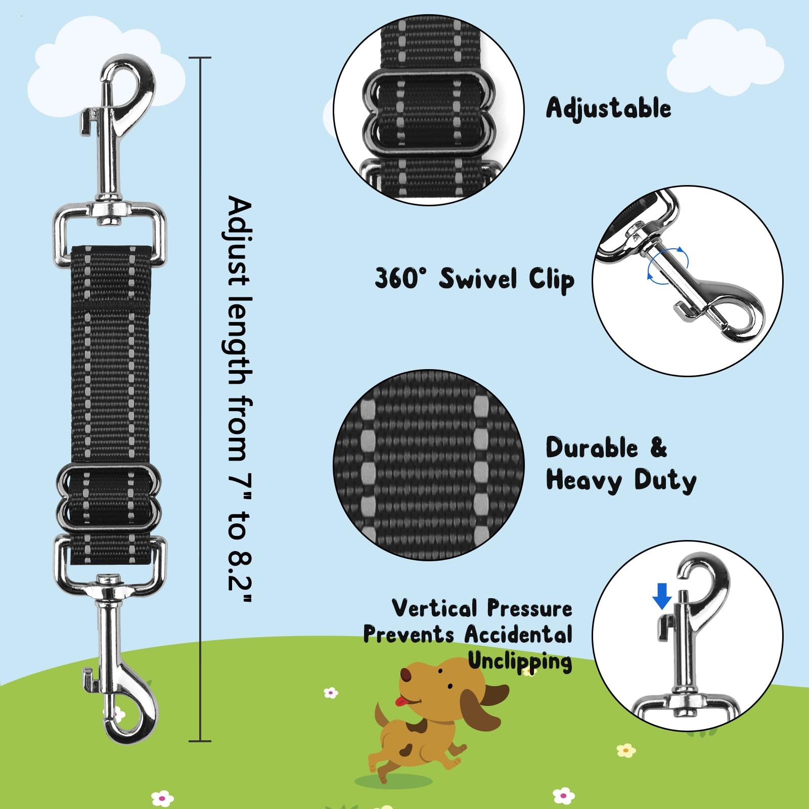 2 Pack Reflective Dog Collar Backup Clips Adjustable Safety Leash Connector