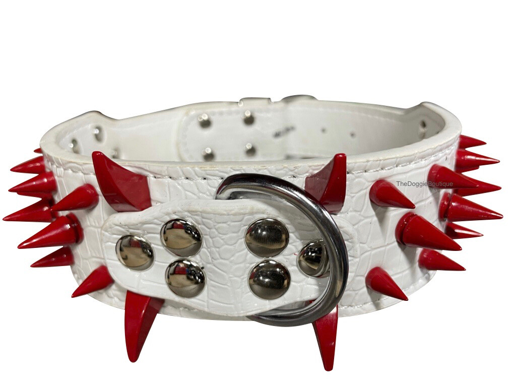 Dog Collar Sharp Red Spikes Spike Adjustable Rivet PU Leather 2″ wide S M L XL