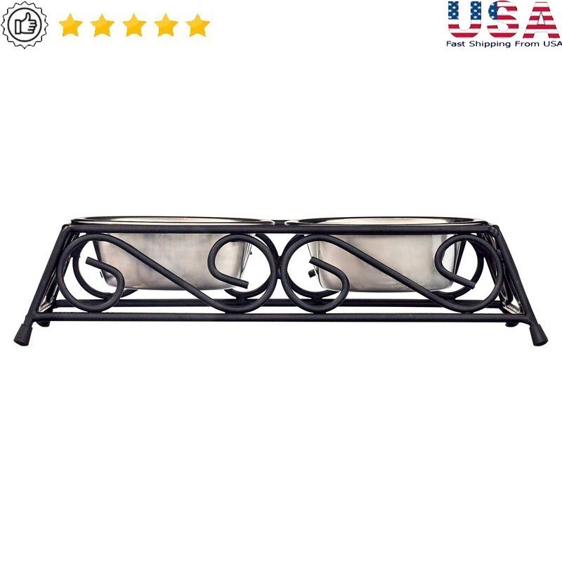 Durable Stainless Steel Double Diner Pet Food Bowls Elevated Stand Dogs Cats New